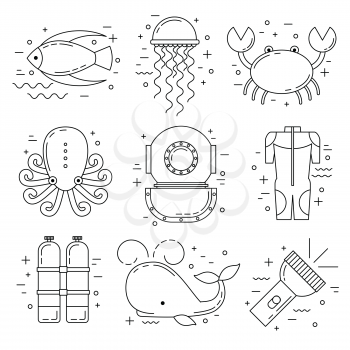 Scuba diving line art background with whale, jellyfish, wetsuit and fish