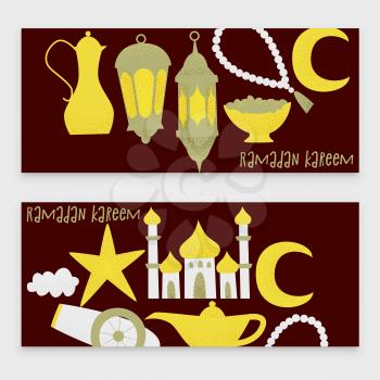Ramadan kareem, vector muslim design, golden lanterns and mosque