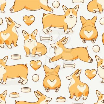 Welsh corgi dog, vector seamless pattern with a heart
