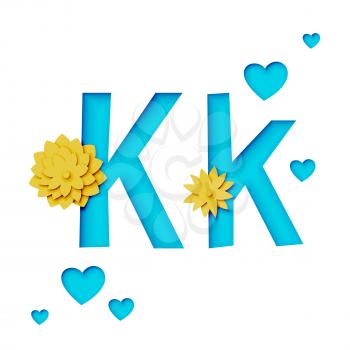 Paper cut letter K with flowers, realistic 3d vector design