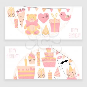 Happy birthday card, greetings and celebration set with cake and presents