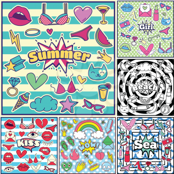 Fashion Summer Patch Badges Sets with Sea, Summer, Girl, Kiss, WOW, Beach, Lipstick, Bra, Hearts, Camera, Sunglasses, Shoes, Candy. Set of Stickers, Pins, Patches in Cartoon 80s-90s Comic Style.