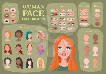 Woman Character Constructor. From Housewife to Hipster. Cartoon Woman Face Parts Creation Spare Parts. Cartoon Style Faces. Body Part. Vector Illustration
