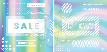 Vector Design for Sale Web Banners, Posters. Good for Social Media, Email, Print, Ads Design and Promotional Material in Memphis Style on Holographic background.