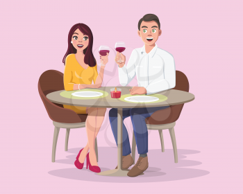 Young Man and Woman on a Romantic Date. Couple or Pair in Love Having Wine. Meeting in Romantic Relationships in Cafe. Vector Cartoon Style Illustration