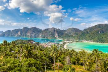 Panoramic aerial view of Phi Phi Don island, Thailand in a summer day
