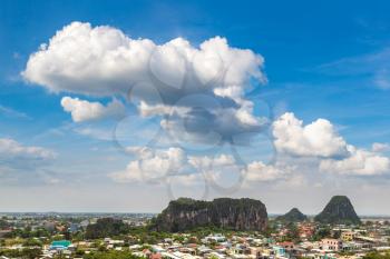 Panoramic aerial view of Marble Mountains in Danang, Vietnam in a summer day