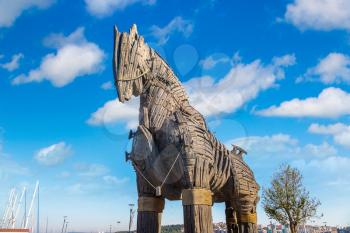 CANAKKALE, TURKEY - JULY 21, 2017: Trojan horse in Canakkale in a beautiful summer day, Turkey. This horse was uesd in movie Troy