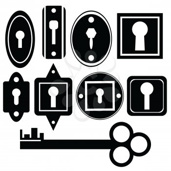 silhouettes of key and keyholes on a white background