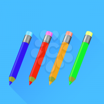 Set of Colorful Pencils Isolated on Blue Background