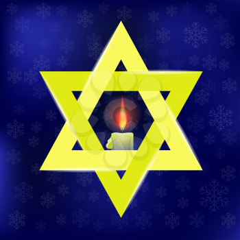 Yellow Star of David and Burning Candles Isolated on Blue Snowflakes Background