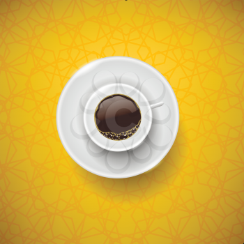 Cup of Coffee on Yellow Ornamental Background. Top View.