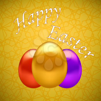 Colored Easter Eggs on Yellow Ornamental Geometric Background.