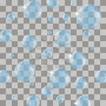 Set of Transparent Blue Soap Bubbles on Grey Checkered Background