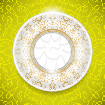 Ceramic Ornamental  Plate Isolated on Yellow Background. Top View