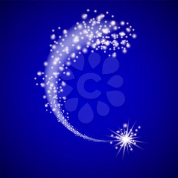Stardust Trail on Blue Background. Glitter Particles Effect. Cosmic Sparcling Wave. Magic Glow Light Texture. Illuminated Abstract Digital Wave of Glowing Stars
