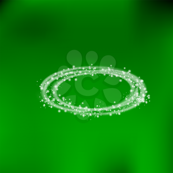 Rings of Light with Sparkling Lines on Green Background. Particles on Swirling Circles. Motion Stars