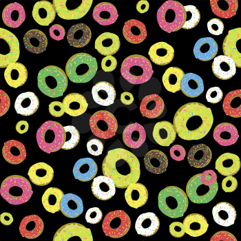 Colorful Fresh Sweet Donuts Seamless Pattern on Black Background. Delicios Tasty Glazed Donut. Cream Yummy Cookie.