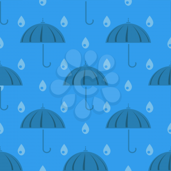 Umbrella and Rain Drops Seamless Pattern on Blue Background