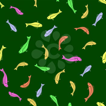 Colored Fish Seamless Pattern Isolated on Green Background