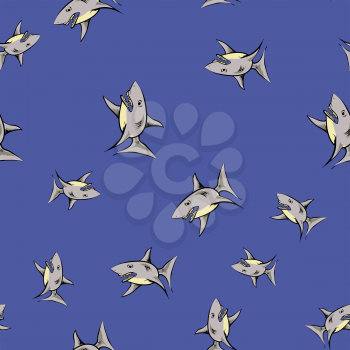 Shark Isolated on Blue Background. Fish Seamless Pattern