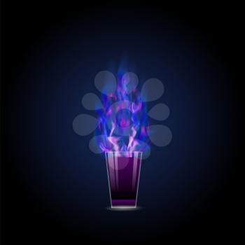 Burning drink with blue fire flame on dark gradient background. Alcohol cocktail shot