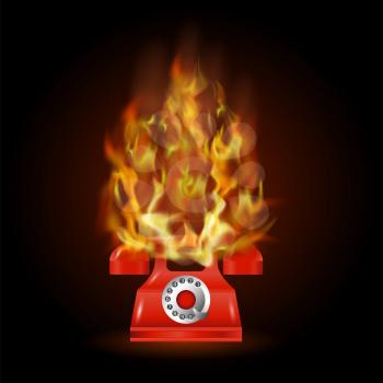 Burning Red Phone with Fire Flame Isolated on Black Background