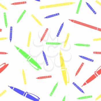 Colorful Pen and Pencil Seamless Pattern on White Background. Set of Colorful Sharpened Pencils for Drawing. Randomly Scattered School Accessories.