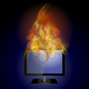 Burning Screen Monitor with Fire Flame on Blue Background