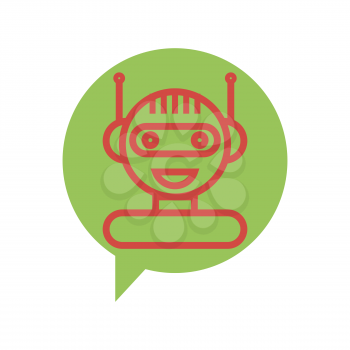 Red Line Chat Bot Icon on Green Speech Bubble. Artificial Intelligence Concept of UI. Cute Smiling Chatbot. Robot Virtual Assistance. Online Consultation.
