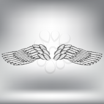Angel or Phoenix Wings on Grey Blurred Background. Winged Logo Design. Part of Eagle Bird. Design Elements for Emblem, Sign, Brand Mark.