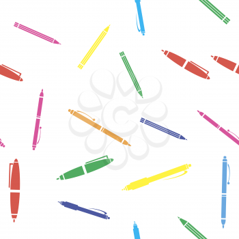 Colorful Pen Seamless Pattern on White Background. Randomly Scattered School Accessories.