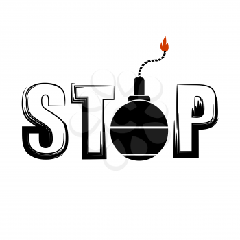 Black Burning Bomb Icon and Grunge Ink Text. Stop War Banner.