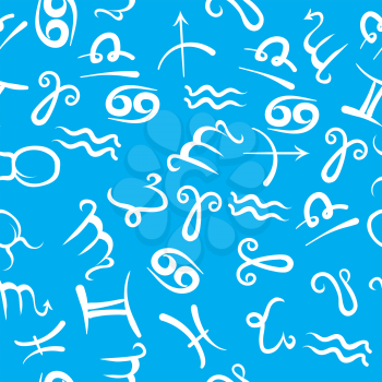 Zodiac Icon Seamless Pattern Isolated on Blue Background. Astrological Symbols. Horoscope Elements.