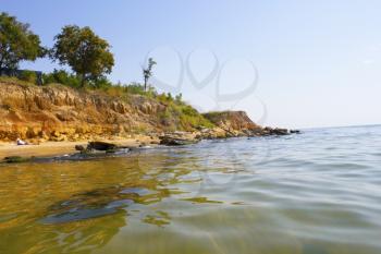 Sea shore with forest under sky. Beautiful landscape with trees on cliff and sea. View from the sea