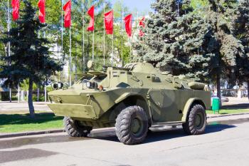 Victory parade of military machine at spring time