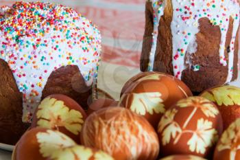 Photo of background with Easter eggs and Kulich