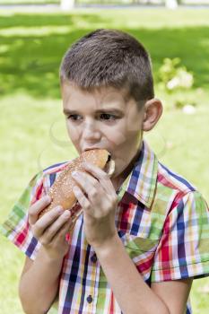 Cute brunette boy eating hotdog with appetite