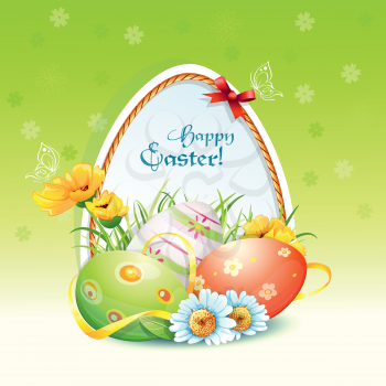 Royalty Free Clipart Image of an Easter Greeting With Eggs and Flowers
