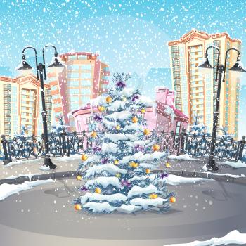 Royalty Free Clipart Image of Christmas in a City