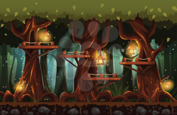 Illustration of the fairy forest at night with flashlights, fireflies and wooden bridges