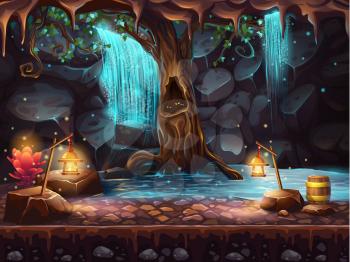 Illustration of the cave with a waterfall and a magic tree and barrel of gold
