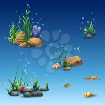 Kit of the underwater world with shell, seaweed, starfish, stones