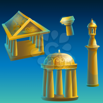 Set of gold ancient ruined buildings - Corinthian column, Ionic columns, gazebo under the dome, minaret.