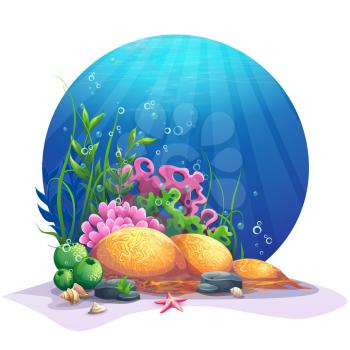 Oceanic world. Marine flora on the sandy bottom of the ocean. For design websites and mobile phones, printing.