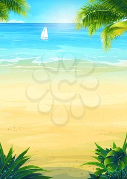 Background summer vacation with sun, sea, sky, palm trees, beach, boat. Creative design for print summer cards, invitations, brochures, posters. Vector illustration.