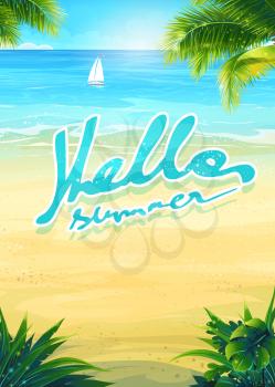 Creative design background summer vacation with sun, sea, sky, palm trees, beach, boat.  Vector illustration.