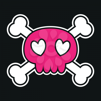Pink skull with crossbones on black background with heart shaped eyes. Vector illustration.