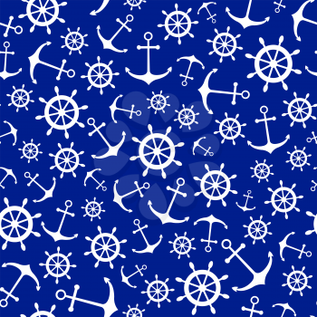 Seamless nautical pattern with scattered white anchors and ship wheels on blue background. Vector illustration.