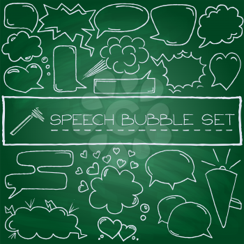 Hand drawn speech bubbles with hearts and clouds, green chalkboard effect. Vector illustration. 